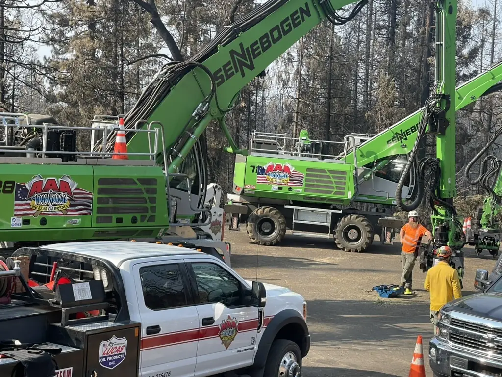AAA crew with two green tree handlers and support trucks